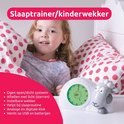 Grijze schaap slaaptrainer met analoge en digitale klok. Tekst: Slaaptrainer/kinderwekker, Ogen open/dicht systeem, Aftellen met licht (sterren), Instelbare wekker, Helpt bij slaaproutine, Analoge én digitale klok, Werkt op USB en batterijen.