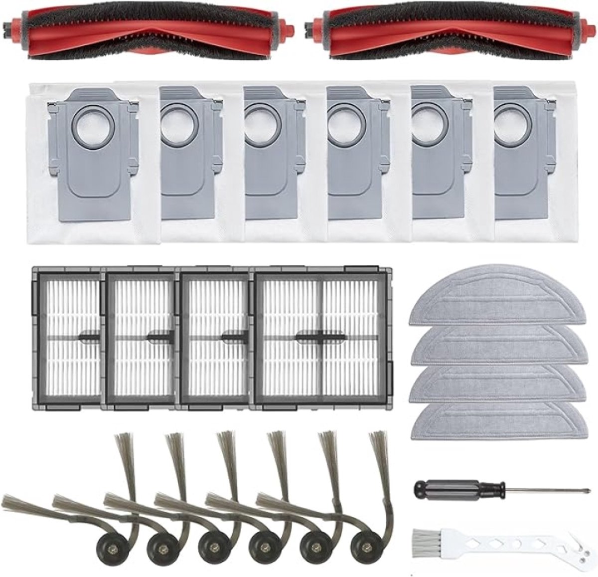 24-delige accessoireset voor Roborock Q10 S5+ – 2 hoofdborstels, 4 stofzakken, 6 dweilpads, 4 filters, 6 zijborstels, 1 schroevendraaier & 1 schoonmaakborstel