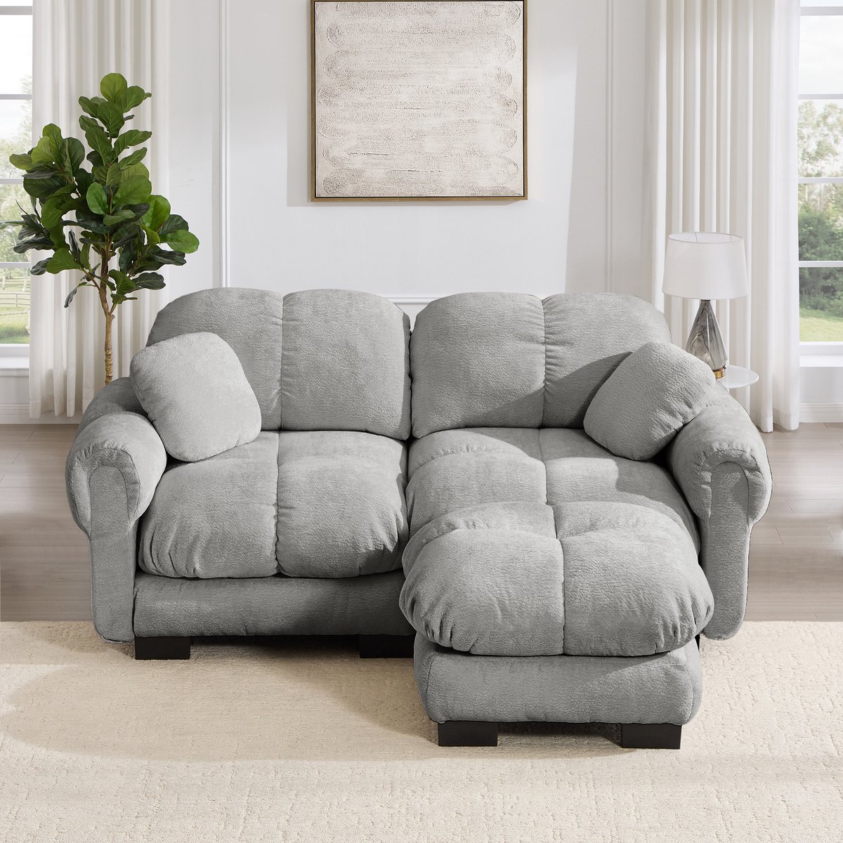 Intebiki 2-zits Hoekbank - Chenille stof - fauteuil - Modulaire U-vormige bank - Geen montage nodig - inclusief 1 poef - lichtgrijs