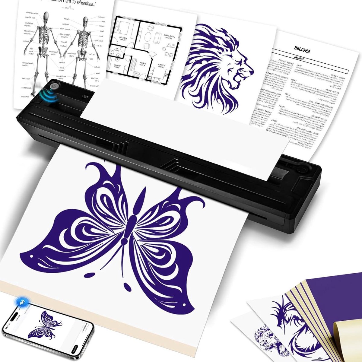 Bluetooth Tattoo Printer - Thermocopieerapparaat Stencil - Tattoo Ontwerpen Printen - Anti-rimpelmodus - 08 kg - Zwart