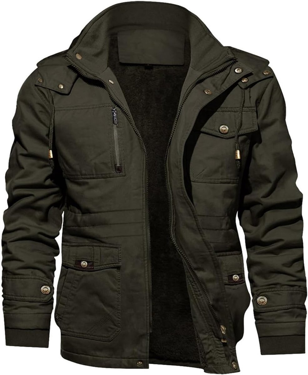 Vintage jas voor heren, elegant fleecejack met afneembare capuchon, casual outdoorjas