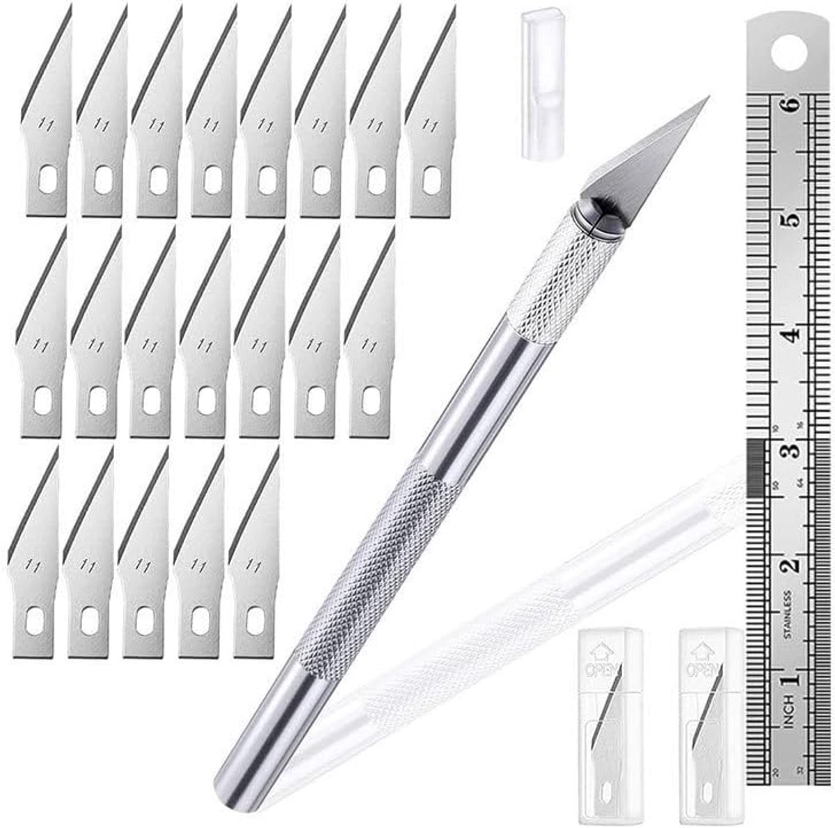 Precisie-scalpelset met 20 vervangende messen, antislipgreep, liniaal, veiligheidsdop, knutselmes voor modelbouw en handwerk