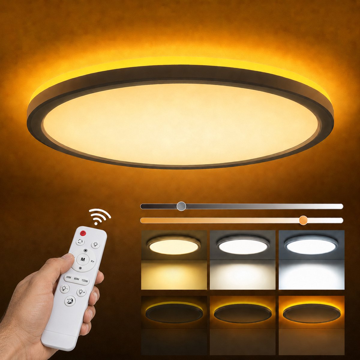 MUPOO modern LED Plafondlamp 24W met 3 Lichtmodi – Dimbare Plafonnière met Afstandsbediening– 1800K Amberkleurige Nachtlichtmodus -Timer & Geheugenfunctie –Voor Slaapkamer, Kinderkamer en Woonkamer- Ø29 cm