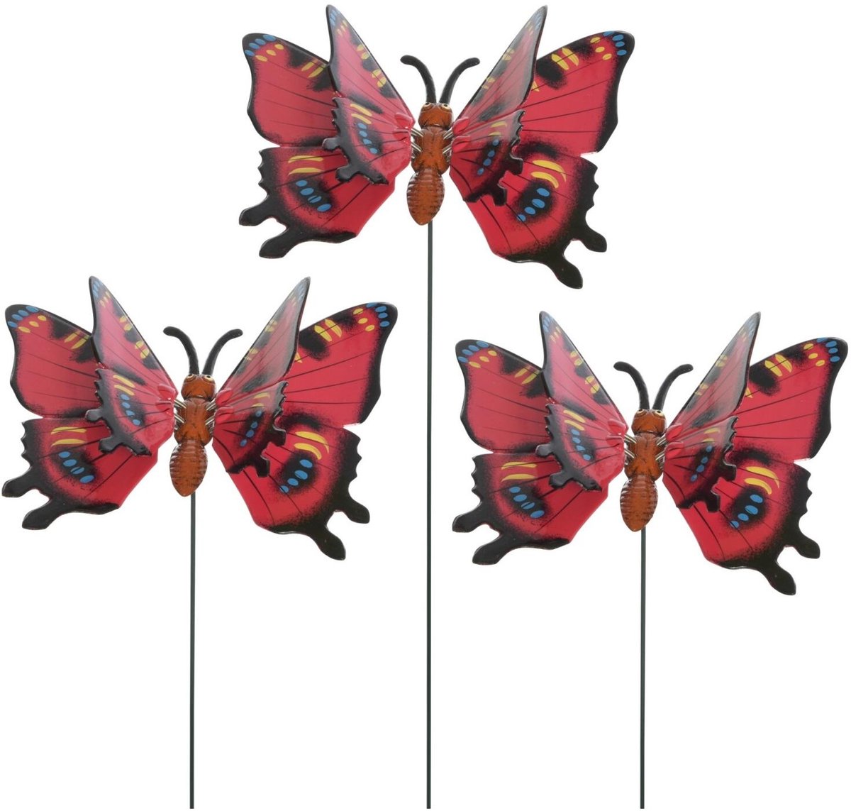 Decoris tuin deco vlinder op stok - 3x - rood - metaal - 17 x 60 cm - dieren decoraties - bewegend