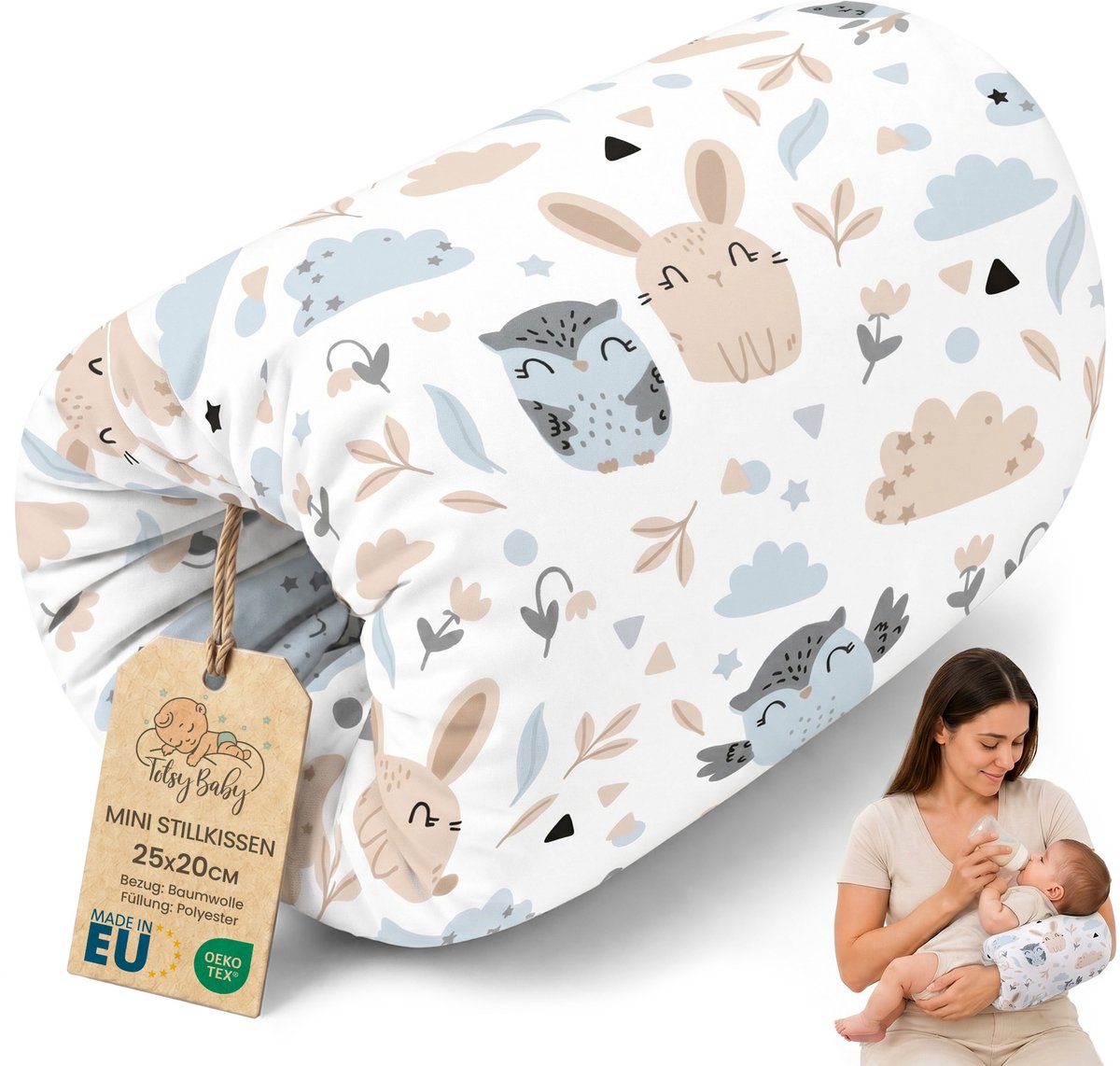 Borstvoedingskussen Voedingskussen Armkussen Baby - 20 cm Reis Onderweg Positioneringskussen Zachte Katoen Afneembare Hoes Moeder Kind Stillmuff Oeko-Tex Uilen wit