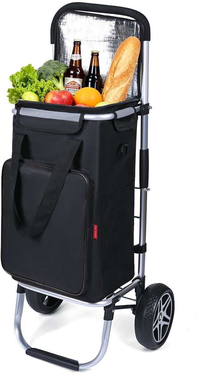 SnelShoppen - Vouwbare 3-in-1 Winkeltas met Koelcompartiment, 50 Liter Capaciteit, 25 kg Belastbaar, Zwart, Handkar, Schoudertas, Shopper, Perfect voo