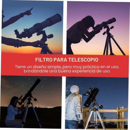 Vier foto's van mensen die telescopen gebruiken bij zonsondergang en nacht, met de tekst 'FILTRO PARA TELESCOPIO'.
