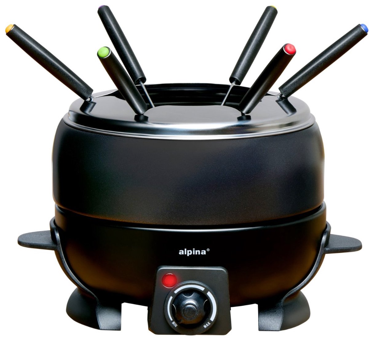 alpina Fondueset Elektrisch 800W – Fonduepan 2L voor 6 Personen - Geschikt voor Kaasfondue en Chocolade Fondue – Incl. Fonduevorken – Instelbare Temperatuur – RVS met Antiaanbaklaag