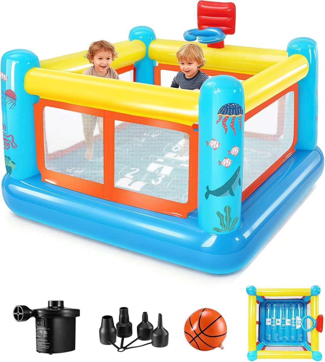 SnelShoppen - Springkasteel voor Kinderen 3-6 Jaar, Scheurvast PVC, Met Afneembaar Ballenbad, Basketbalmand en Springbox, Binnen en Buiten Gebruik, Fe