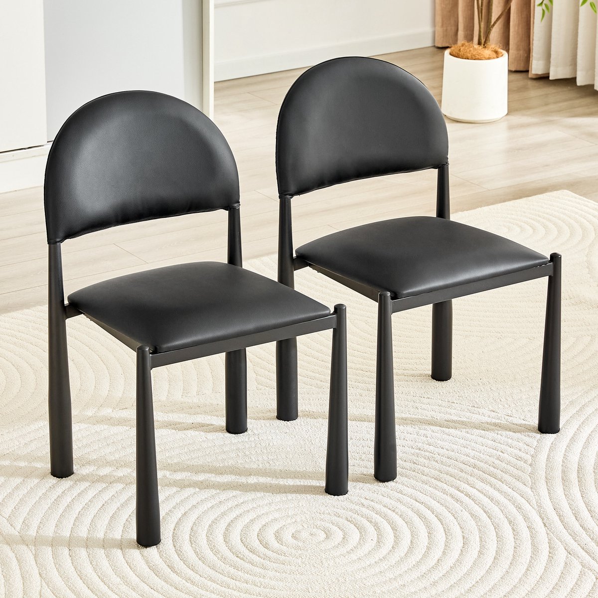 Eetkamerstoelen - Set van 2 - Moderne Eetkamerstoel Set - Gestoffeerde Eetkamerstoel - Halfronde Rugleuning - PU Leren Stoel - Keukenstoel - Woonkamerstoel - Eetkamerstoel met Metalen Poten - Stoel voor Eetkamer en Keuken - Zwart