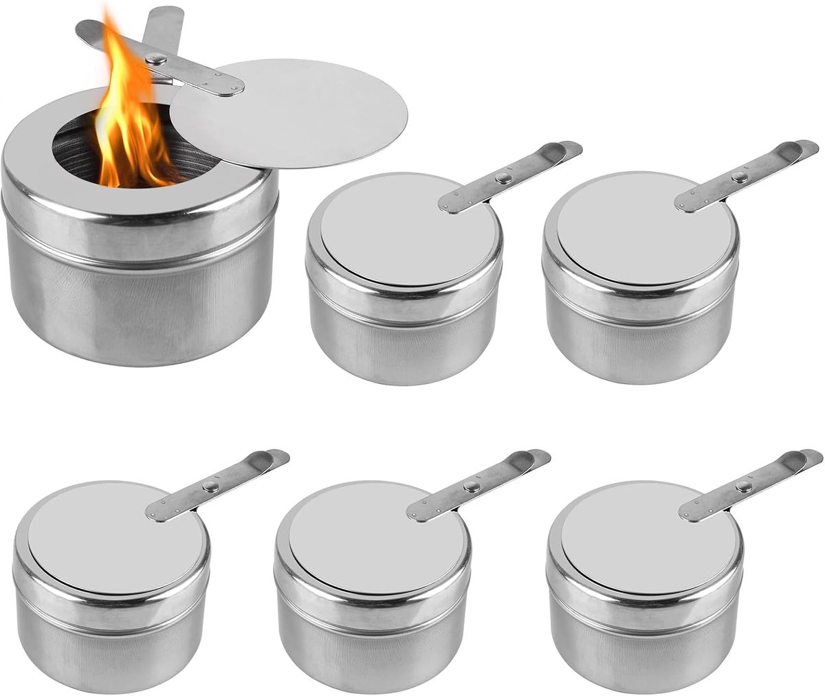 6 stuks roestvrijstalen pastabrander, draagbare fonduebrander met handvat, brandstofgel, alcoholbrander met deksel voor buffetten, barbecues, hotpot, buiten, camping