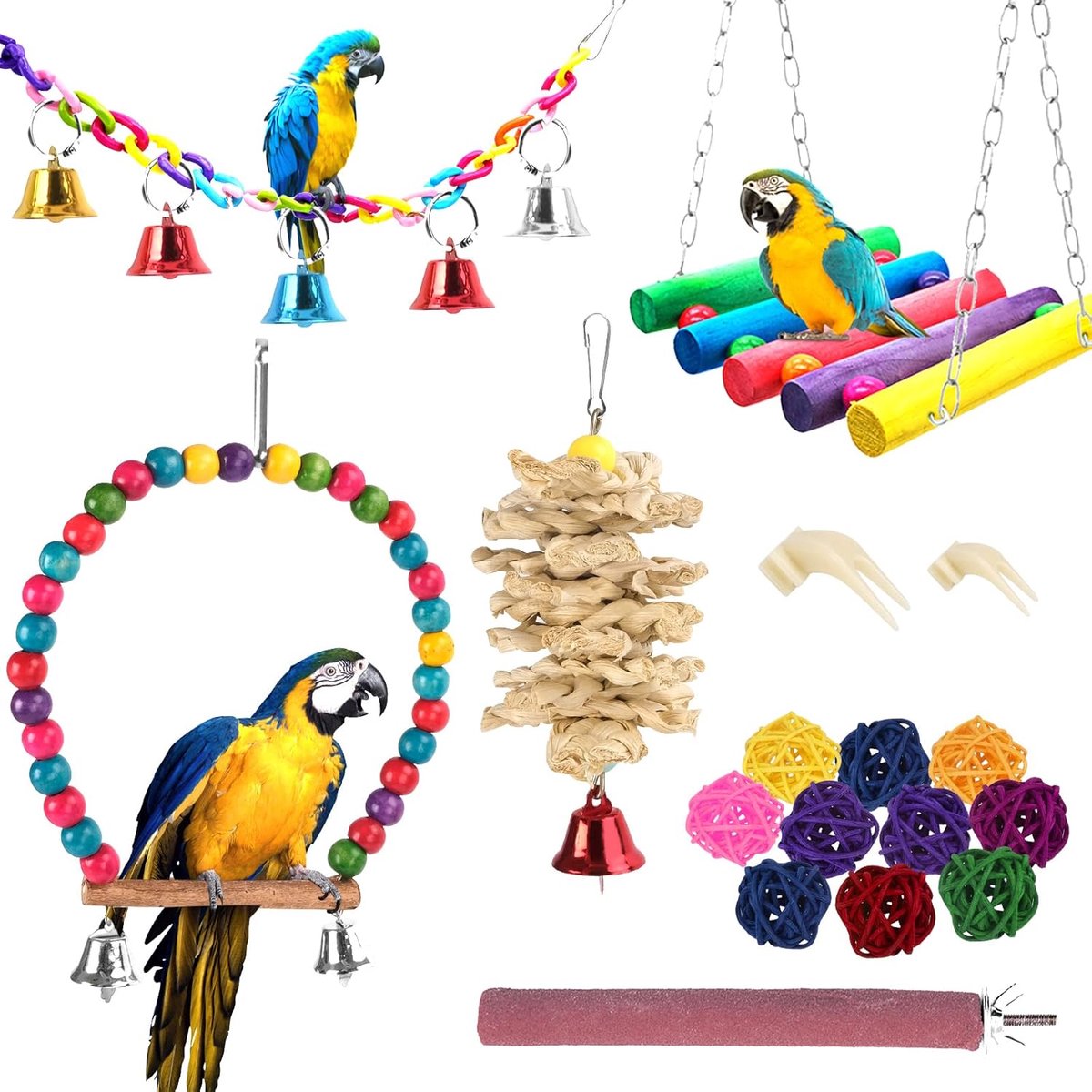 Speelgoed 17 stuks papegaaienspeelgoed voor vogels, kauwspeelgoed, kleurrijke schommels, houten baarzen, vogelklokken, papegaaien, parkieten