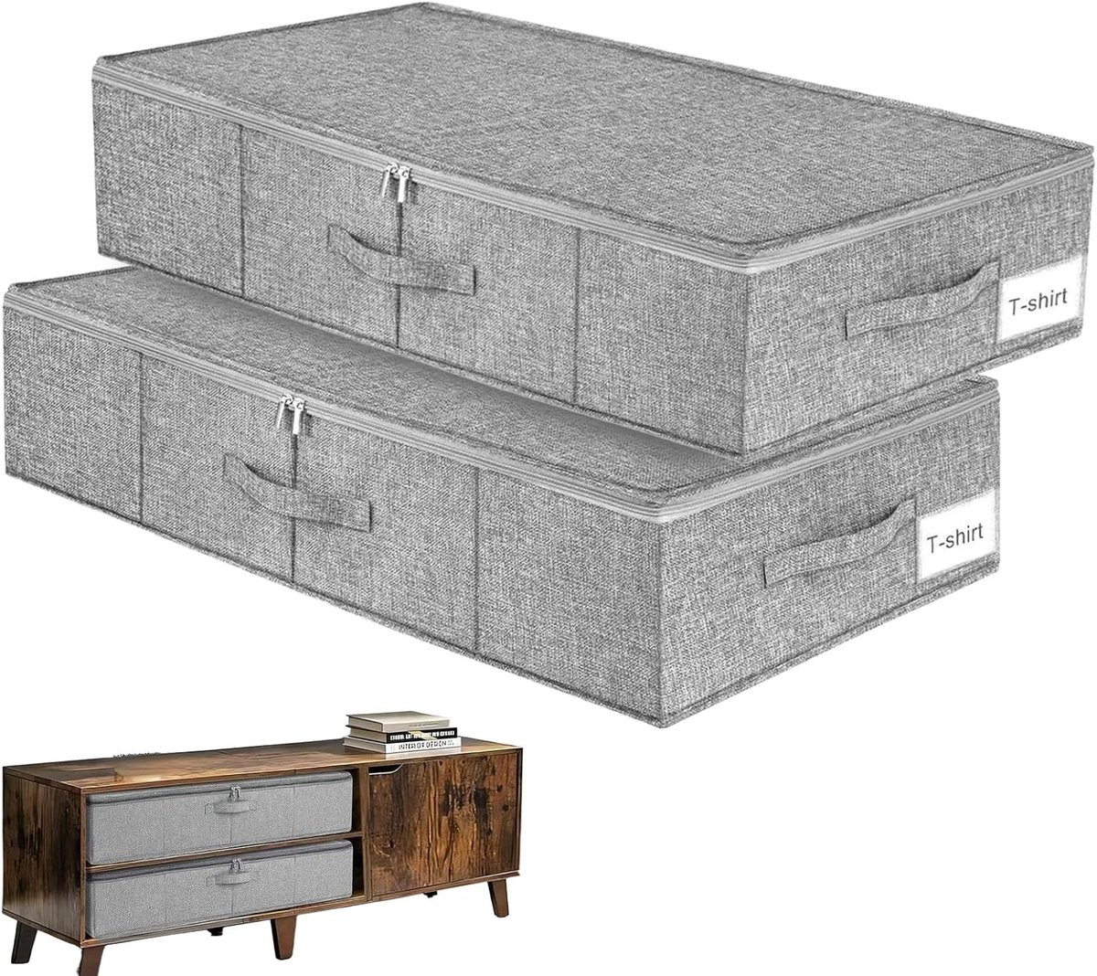 Opbergdoos voor onder het bed, met deksel, 2 stuks, opvouwbare onderbedcommode, dubbele ritssluiting, opbergdozen voor kleding, dekens en schoenen, 76 x 38 x 17 cm