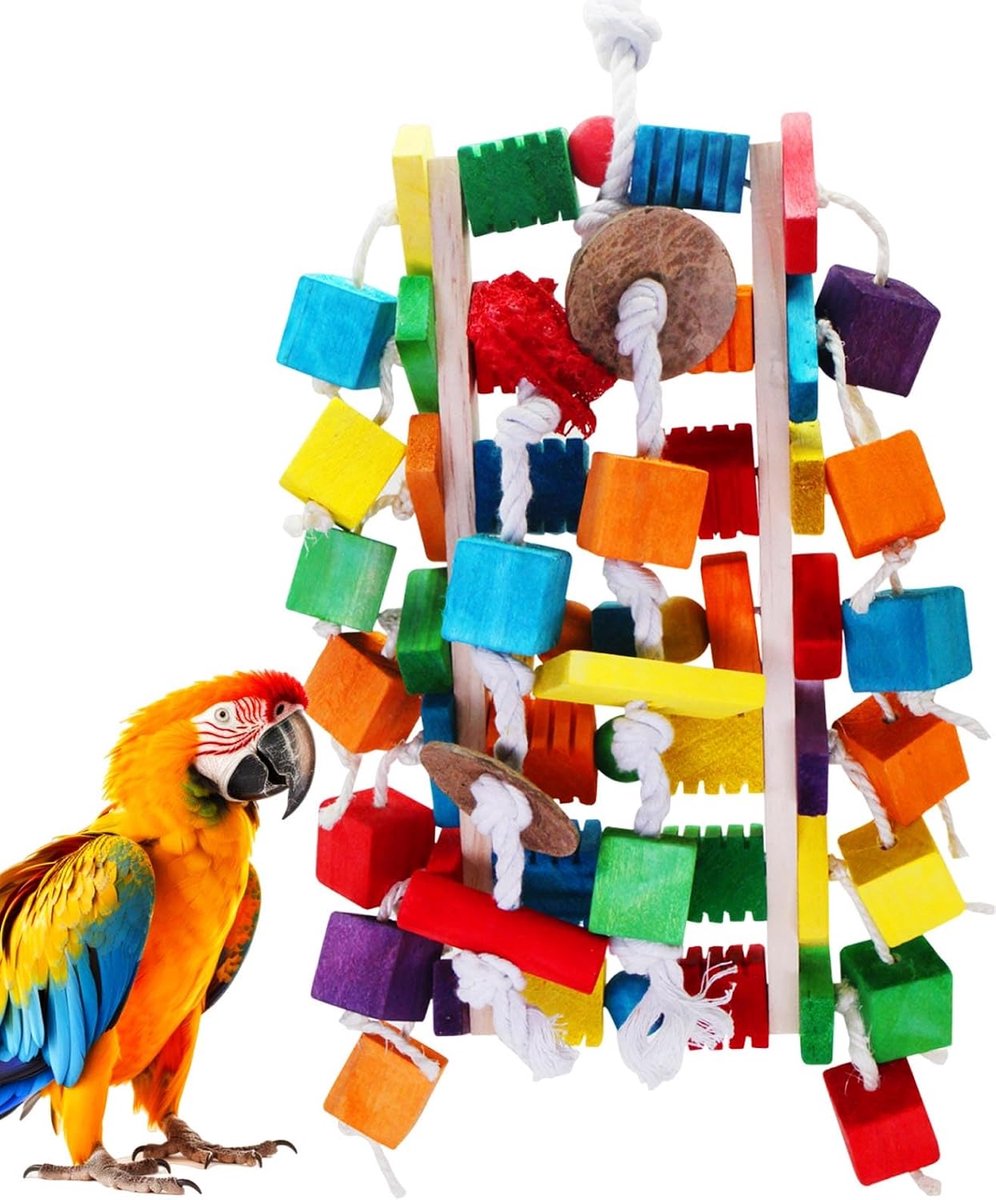 Speelgoed voor grote vogels, kleurrijke houten blokken in verschillende vormen, 56 cm natuurlijk houten blok papegaaienspeelgoed voor Afrikaanse grijzen, Amazones, kaketoes en ara's