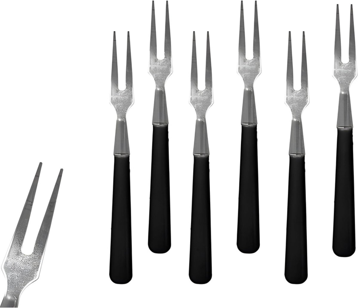 Set van 6 snackvorken – mini-vorken van staal en zwart plastic – deksels, snacks, kaas, charcuterie eetstokjes – 10 cm – 6 stuks