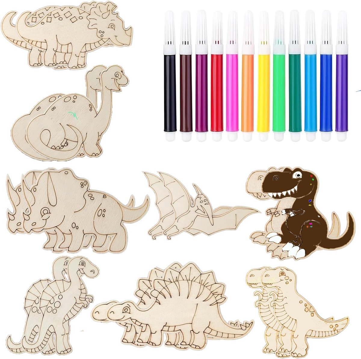 Houten knutselset dinosaurus, beschilderen, kinderverjaardag, houten dinosaurus, schijven, knutselen, kinderen, dinosaurus, houten schijven om te beschilderen, voor kinderen, handwerk