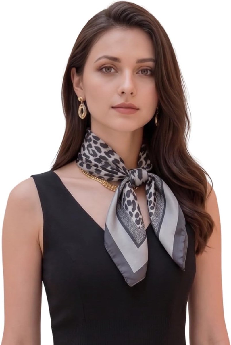 sjaal, satijn, halsdoek, bandana, beige, zwart, kort, 70 x 70 cm, klassieke zomerdoek, zijde, vakantie, reizen, voor formele gelegenheden, dames, zakelijke stijl, cadeau voor haar
