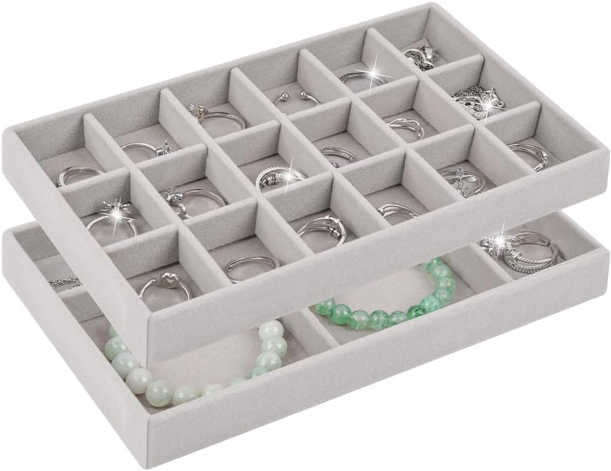 stapelbaar sieradenkistje met 6 rasters en 18 rasters, stapelbare sieraden voor het bewaren en presenteren van oorbellen, halskettingen, ringen, grijs