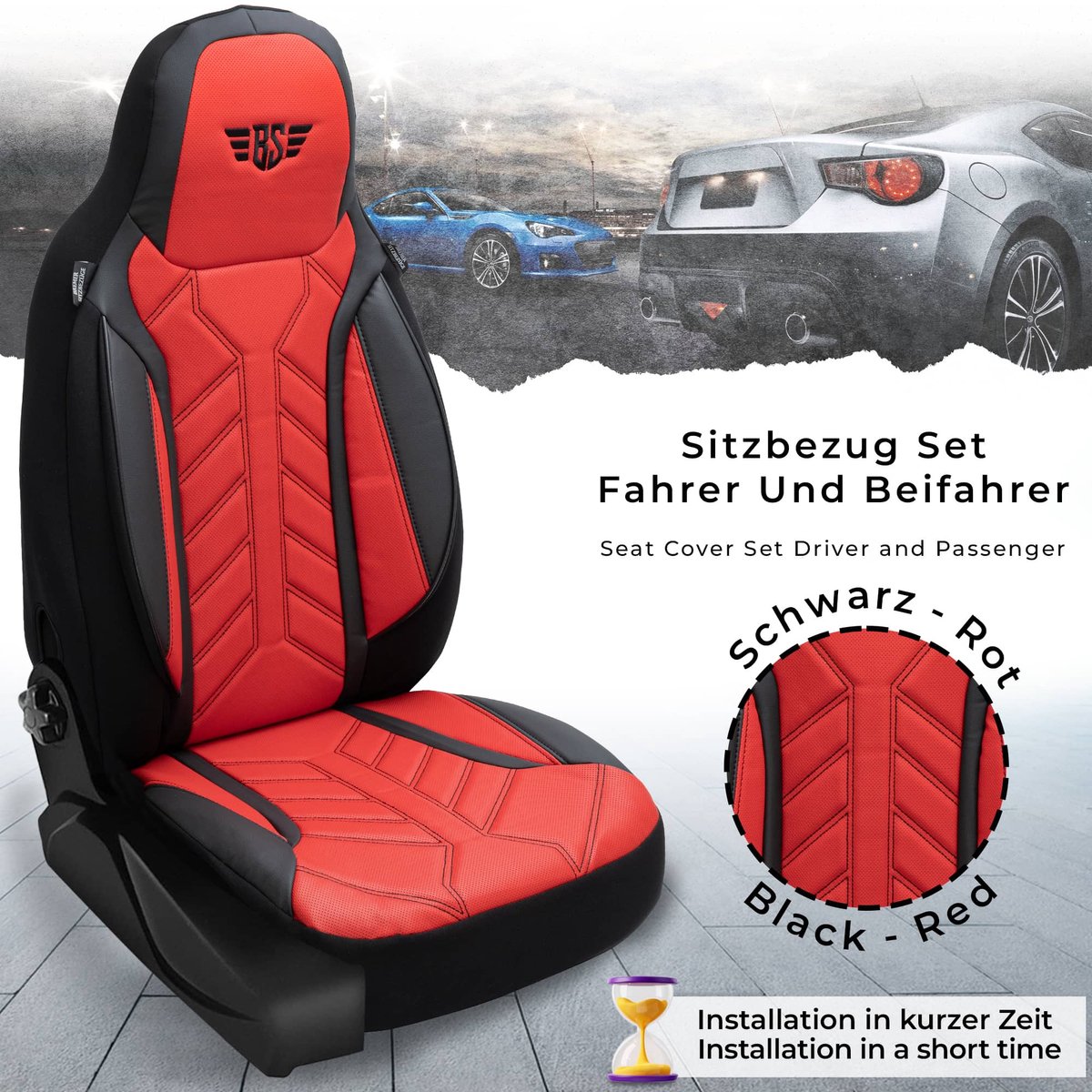 Autostoelhoezen voor Renault Kangoo Bj 1997-07 – Stoelhoezen voor bestuurder en passagier in Zwart/Rood