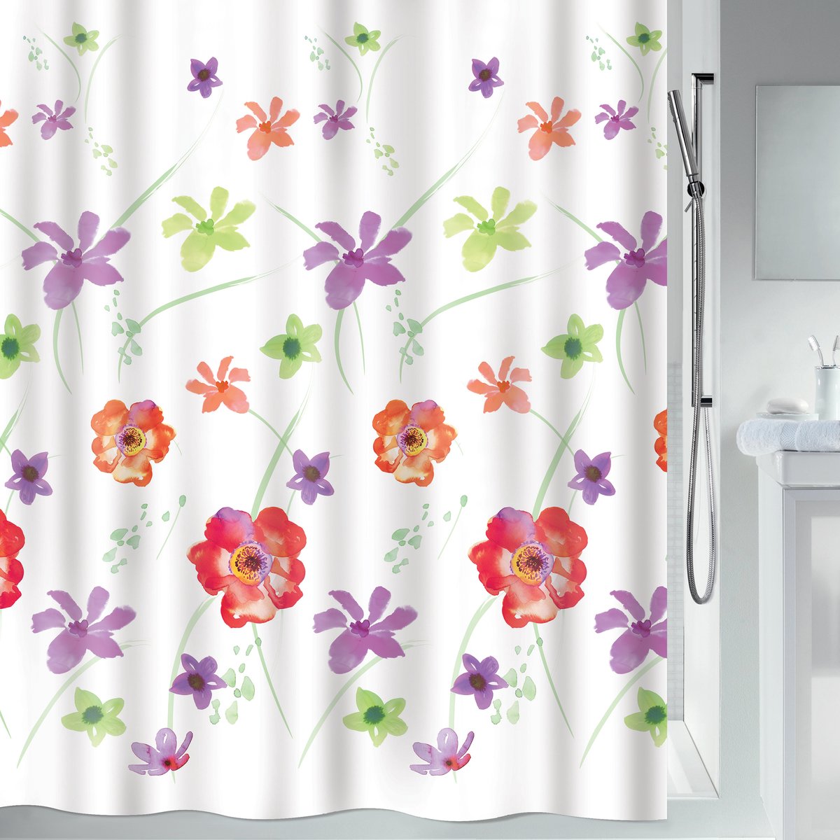 Spirella Douchegordijn Textiel Bloemen - Flower Meadow Douchegordijnen Rood - 180 x 180 cm