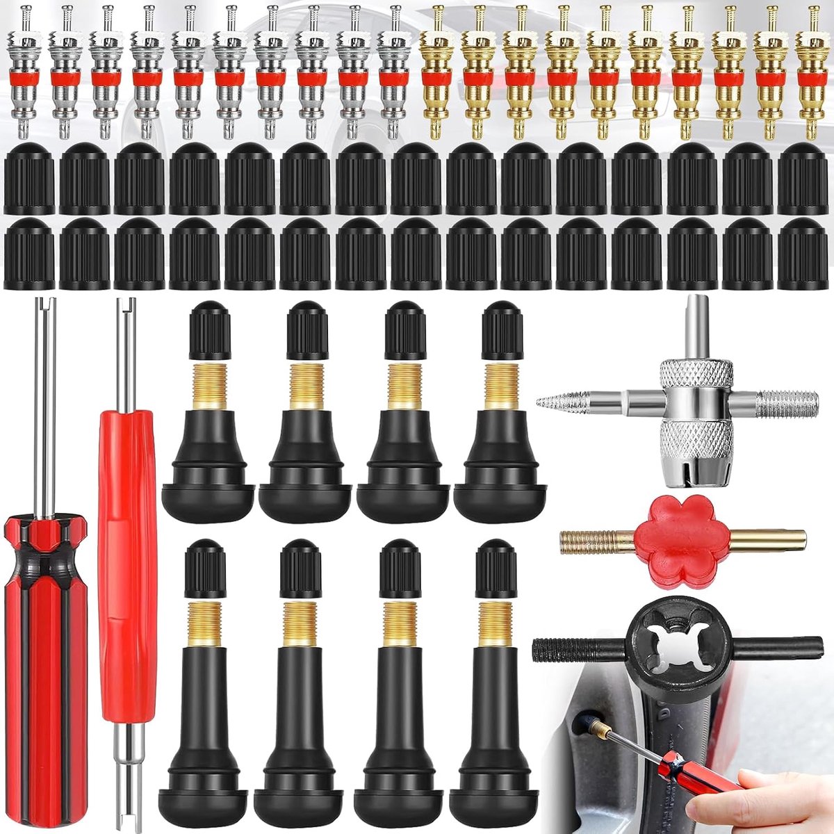 63 Stuks Ventielkernreparatiegereedschappen, Ventielkerngereedschap Met Enkele Kop, Ventielkernreparatiegereedschap, 20 x Ventielkern, 30 x Bandventieldopjes, 8 x Bandventiel (Tr412, Tr414)