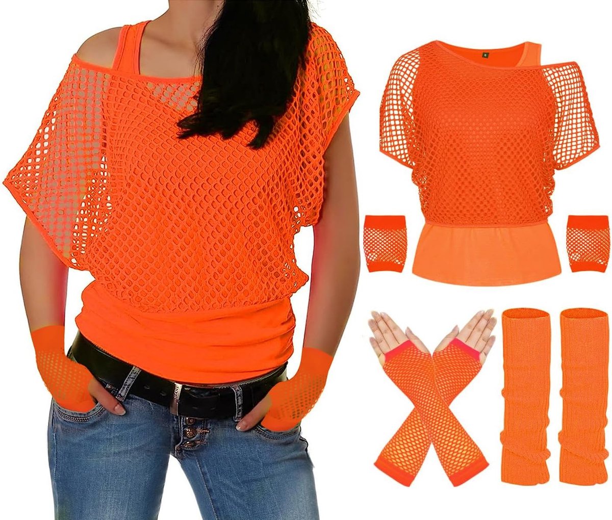 Jaren 80 en 90 Outfit Voor Dames, Neon Geel Tanktop, Mouwloos, Netshirt, Beenwarmers, Nethandschoenen, Aerobic Kleding, Themafeest Accessoires