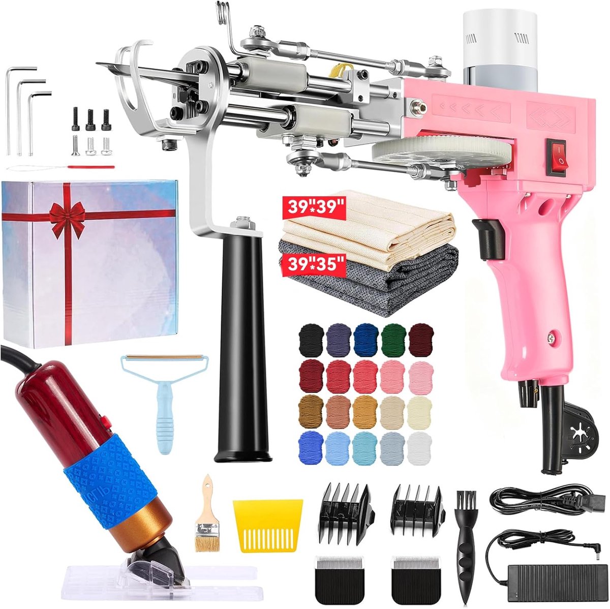 Rug Tufting Gun Starter Kit met Tapijtschaar,Doek(roze) | 2 in 1 snij- en luspool tuftpistool, 360° verstelbare handgreep, verstelbare snelheid