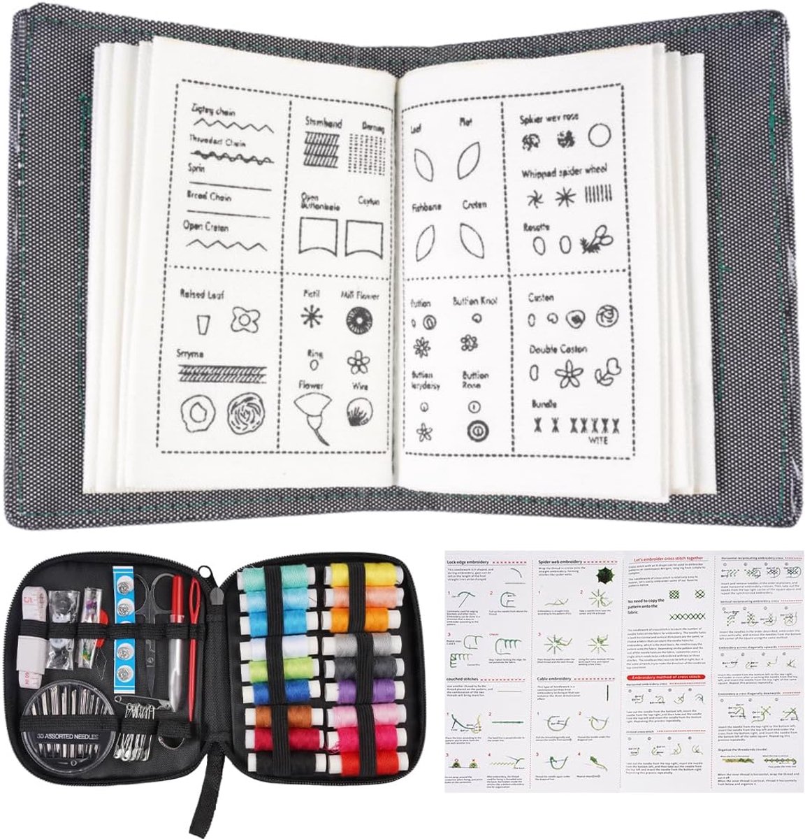 Stitch Book DIY steekboekenset, om zelf te borduren voor | 143 steken, handig mini-boek borduurpakket voor het leren van borduurtechnieken en creatief handwerk