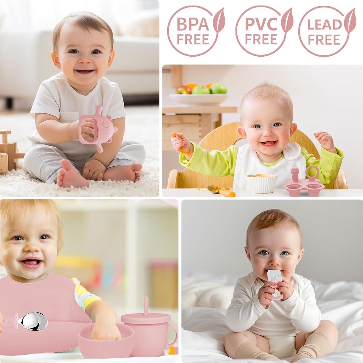 Maaltijdset voor baby's, 14-delig, antislip servies voor baby's, siliconen set met zuignap, bord, kom, vork, lepel, slabbetje en beker, kinderbestek, servies voor spenen en eten (lichtroze)