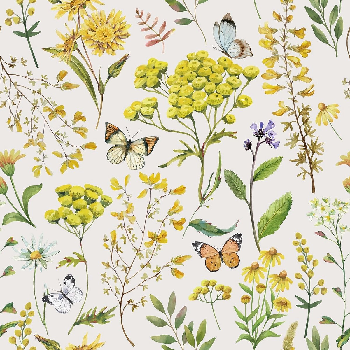 Behang vlinder en bloemen, 44,5 x 300 cm, plakpapier voor meubels, geel, decoratie voor slaapkamer, woonkamer, keuken