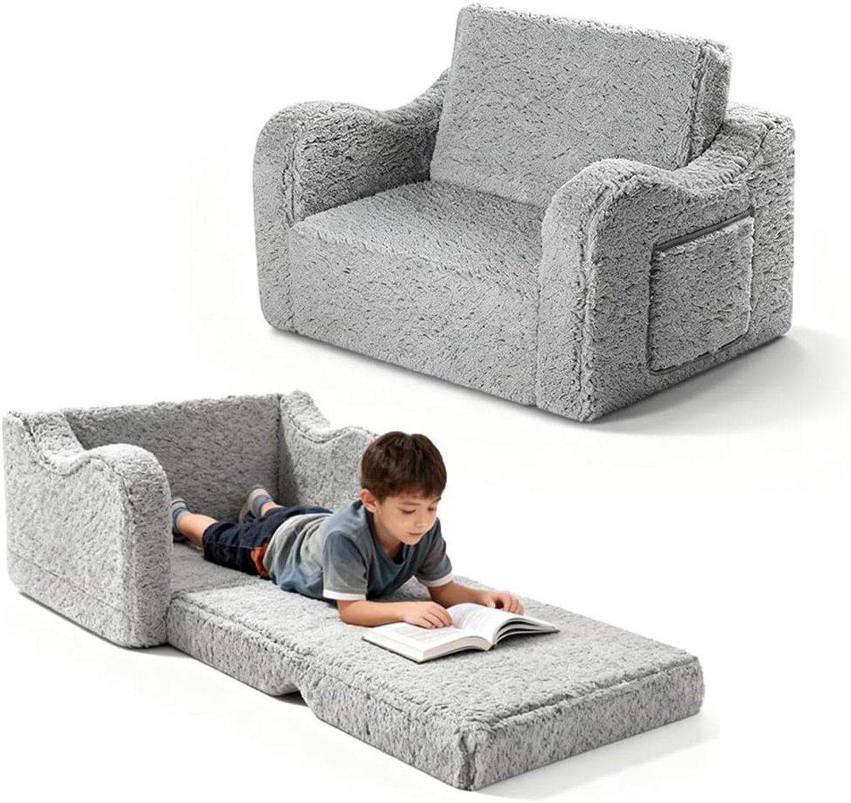 openklapbaar 2-in-1 slaapbank, kinderstoel, uitklapbaar (grijs) | Inklapbare kinderbank voor kinderkamer, kinderdag- en verjaardagscadeau voor meisjes en jongens, 58 x 43 x 40 cm