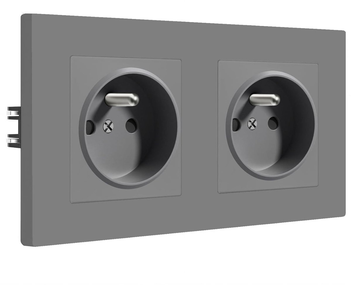 Wandcontactdoos,Inbouwcontactdoos,2 Gang,Franse Standaard Contactdozen 16A 250V met Kunststofpaneel,Makkelijk te Installeren,157 * 86mm Grijs