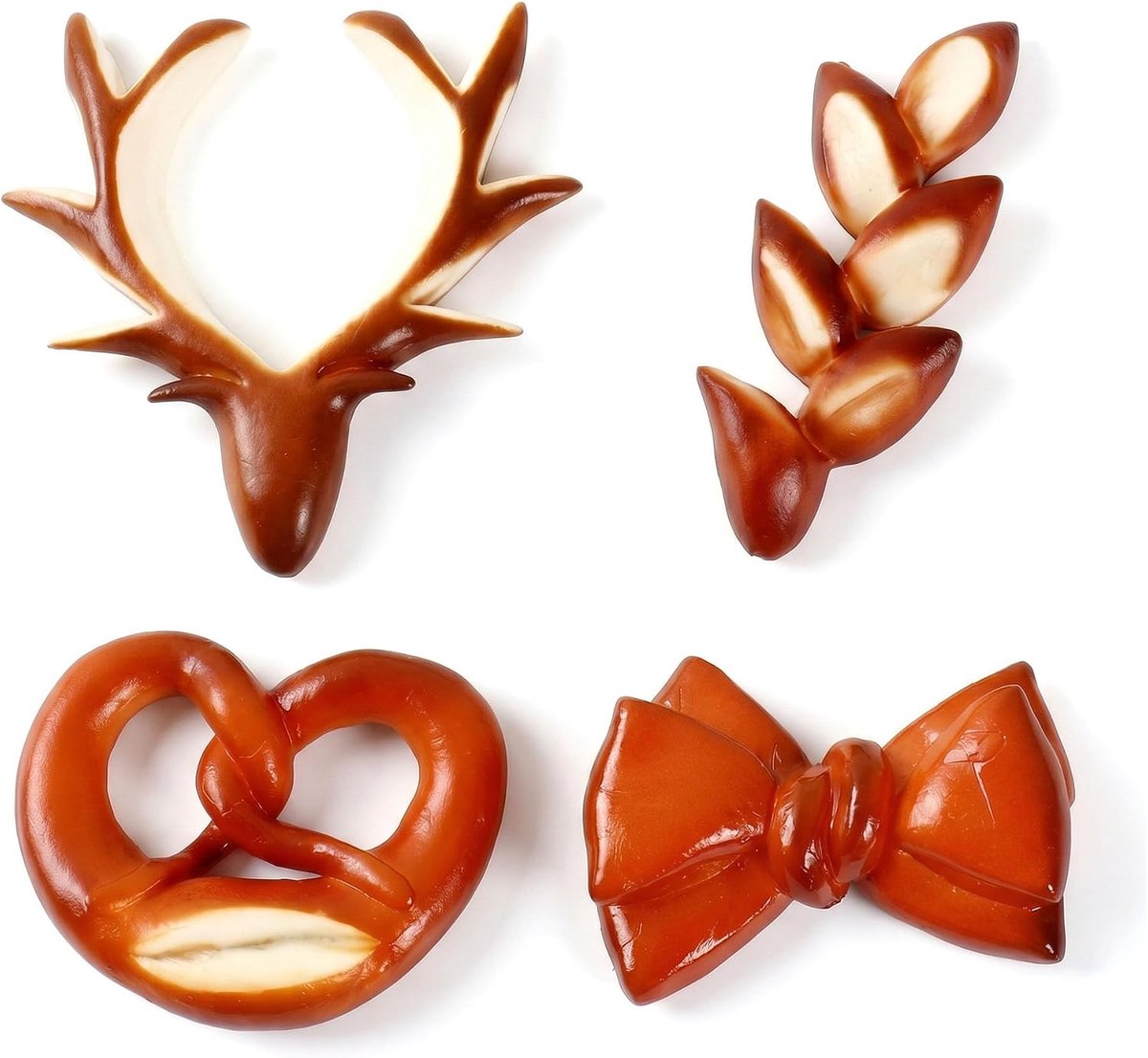 Set van 4 kunststokgebakjes - realistische pretzel decoratie van pvc, kunstpretzel met gewei en hart, strikvorm, voor bakkerij, tafeldecoratie