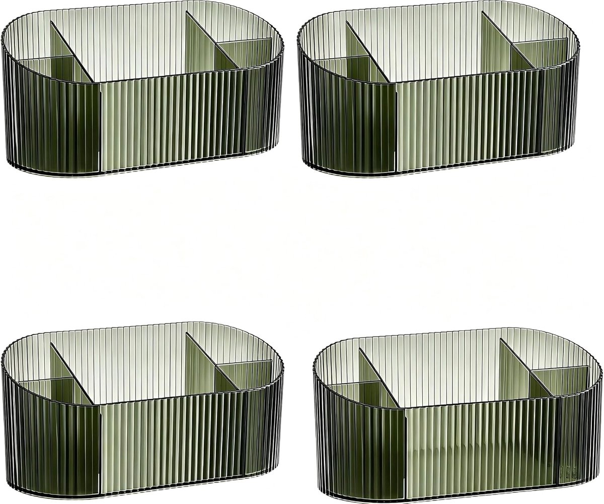 4 stuks acryl make-up-organizer, vintage make-upkwasthouder met strepenpatroon, grote capaciteit, beker voor cosmetica, pennen en bureauaccessoires, donkerolijfgroen