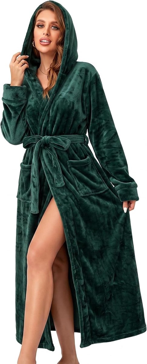 Dames Badjas Fleece met Capuchon - Warme Lange Slobkous - Zachte Geklede Woonjurk
