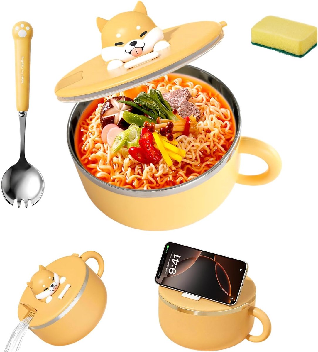 kom met deksel, ramenkom met warmte-isolatie, afdichting en lepel, instant noedelkom van 304 roestvrij staal, draagbare pastakom voor soep, pasta, dumplings en salades