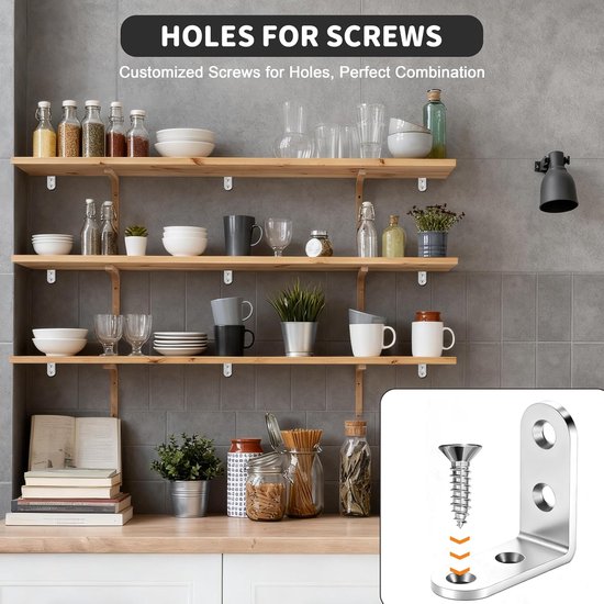 Hoekbeugel van roestvrij staal, 50 x 50 mm, hoekconnector, 90 graden, L-vorm met schroeven voor het bevestigen van houten meubels, 20 stuks, zilver — afbeelding 3