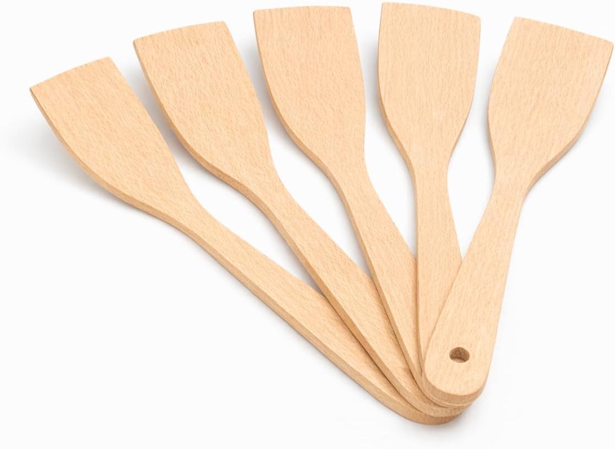 World - 5x Houten spatel 31 x 7 cm – Natuurlijke houten keukenspatel met ergonomische handgreep