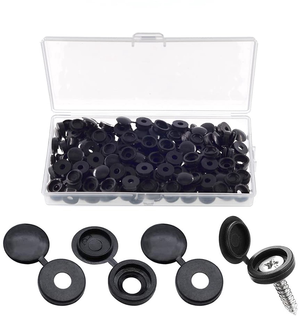 90 Stuks Plastic Scharnierende Schroefdeksels, Vouwschroefdeksels Sluitring Flip-tops voor Nummer 6/8 Schroeven, Zelftappende Decoratieve Schroefdeksels voor Meubels, Kast, Plank, Zwart