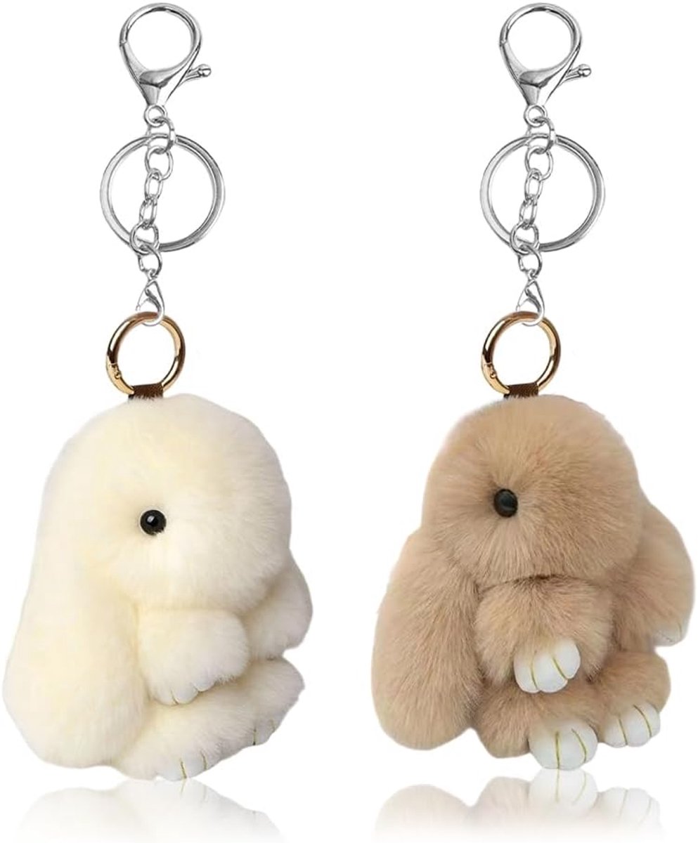 2 stuks sleutelhangers haasje van pluche, zacht, pluizig konijn, sleutelhanger van nepbont, sleutelhanger met pompon