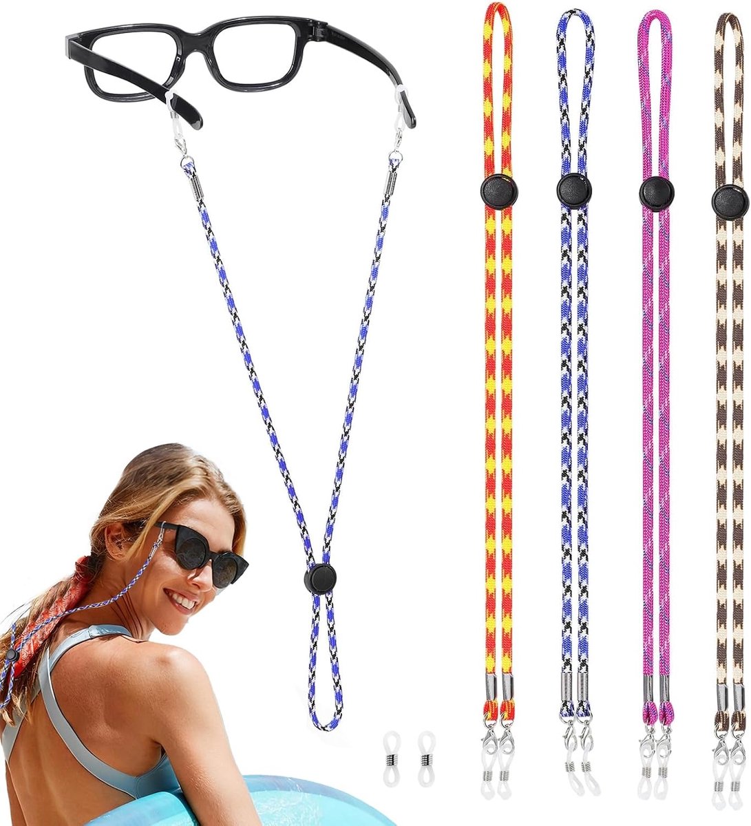 Set van 4 brilbandjes universeel, brillenband voor zonnebrillen en normale brillen, verstelbaar met 2 verwisselbare elastiekjes, ideaal voor sport en dagelijks gebruik