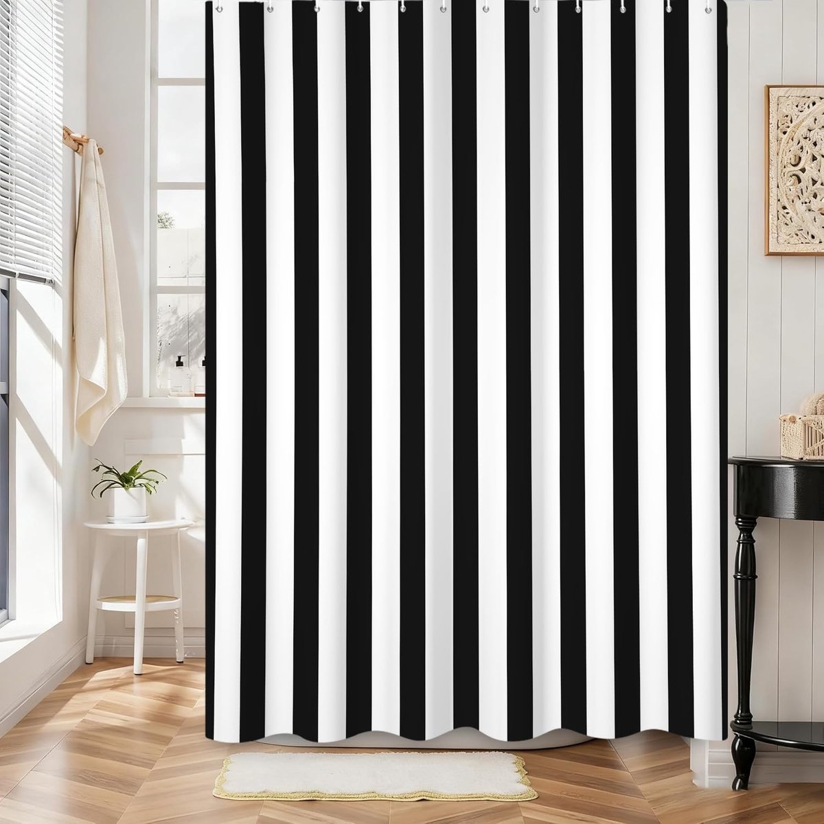 Douchegordijn, verticale strepen, 180 x 200 cm, zwart-wit gestreept, vintage, modern, abstract, minimalistisch, waterdicht, polyester, stof, wasbaar, douchegordijn met haken