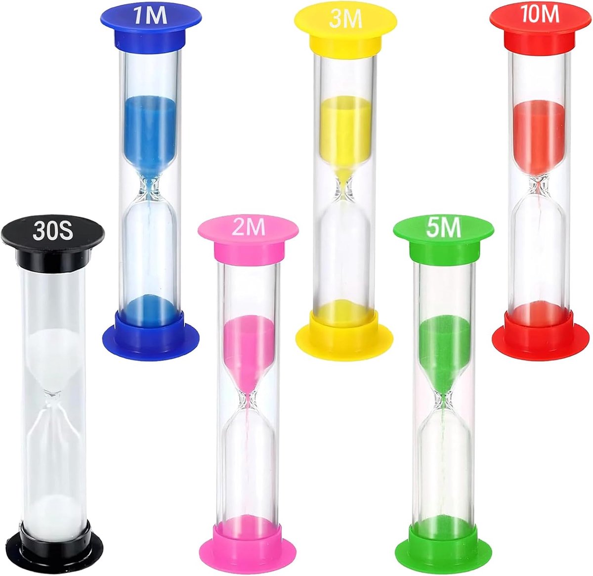 Set van 6 kleurrijke zandloper, 30 seconden, 1 min, 2 minuten, 3 minuten, 5 minuten, 10 minuten, voor klas, huis, kinderkamer, tijdleren, educatief spel, visuele timer