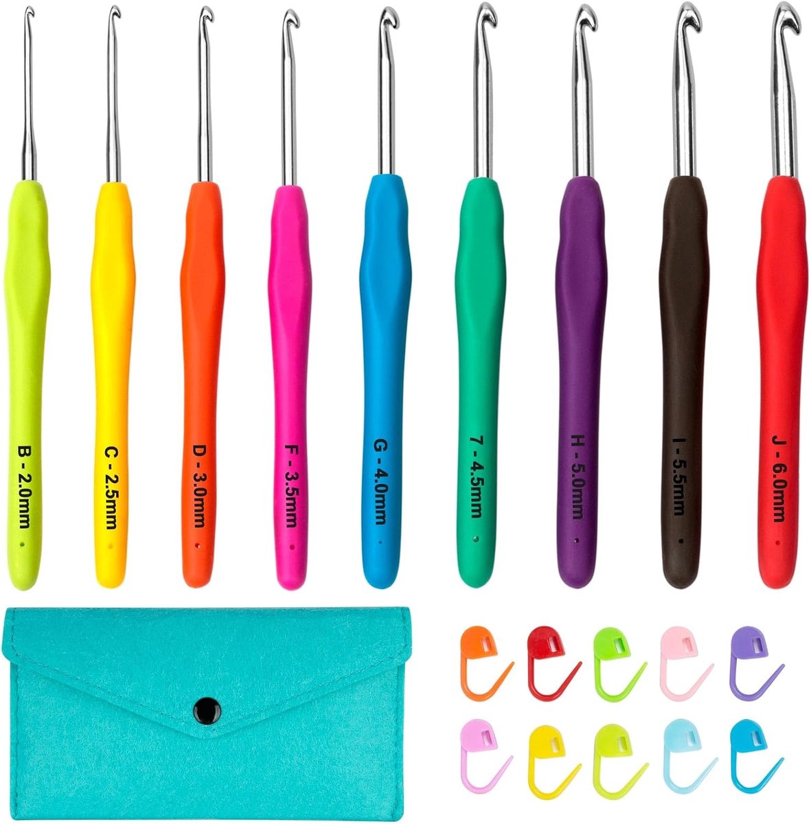 Haaknaaldenset, 9-delig, ergonomische haaknaaldenset, 2 mm-6 mm, ergonomische handgreep met haakhaken, inclusief 10 naaigarkeringen en 1 opbergtas.