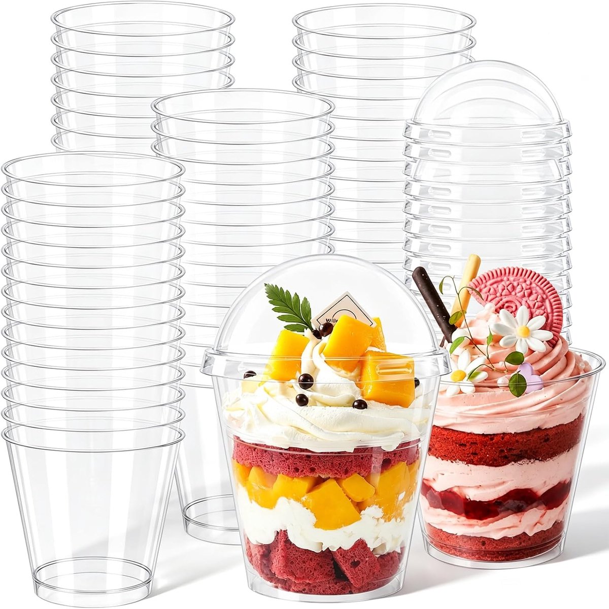 Dessertglazen van kunststof, 180 ml, dessertglazen met deksel en lepels, herbruikbaar, lekvrij, voor ijs, mousse, desserts, pudding, party, verjaardag, bruiloft, rond, 100 stuks