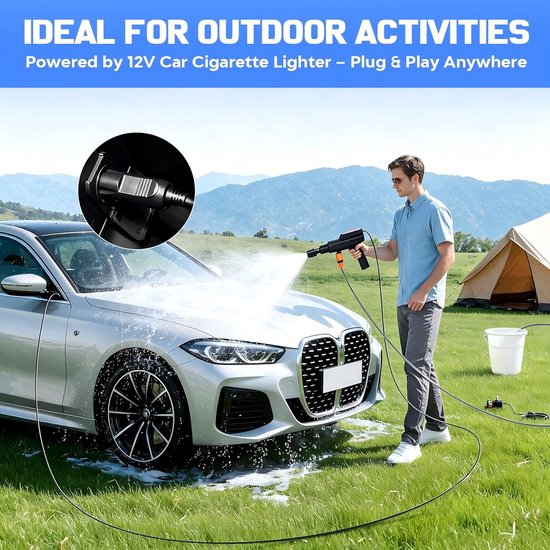 hogedrukreiniger, draadloos, 12.000 mAh, 4 drukniveaus - USB-C-opladen en 12 V auto-voeding, 5-in-1 mondstuk, slang 5 m, schuimtank, koffer voor auto, fiets en tuin — afbeelding 4