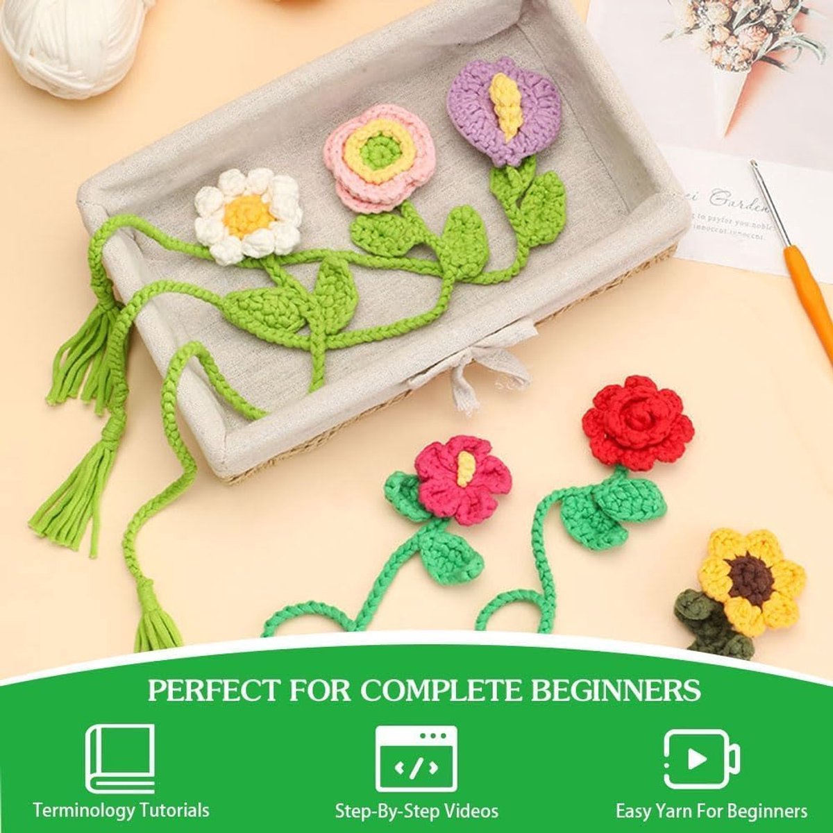 Haakset voor beginners, bloemen, bladwijzers, doe-het-zelf, dieren, haakset, breiset, handwerk, knutselset met haaknaald, garen, instructies, haakset, creatieve set om zelf te maken
