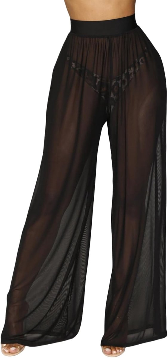 Transparante broek voor dames zomer sheer mesh broek top taille losse pasvorm casual uitlopende strandbroek bikini cover sexy club kousen