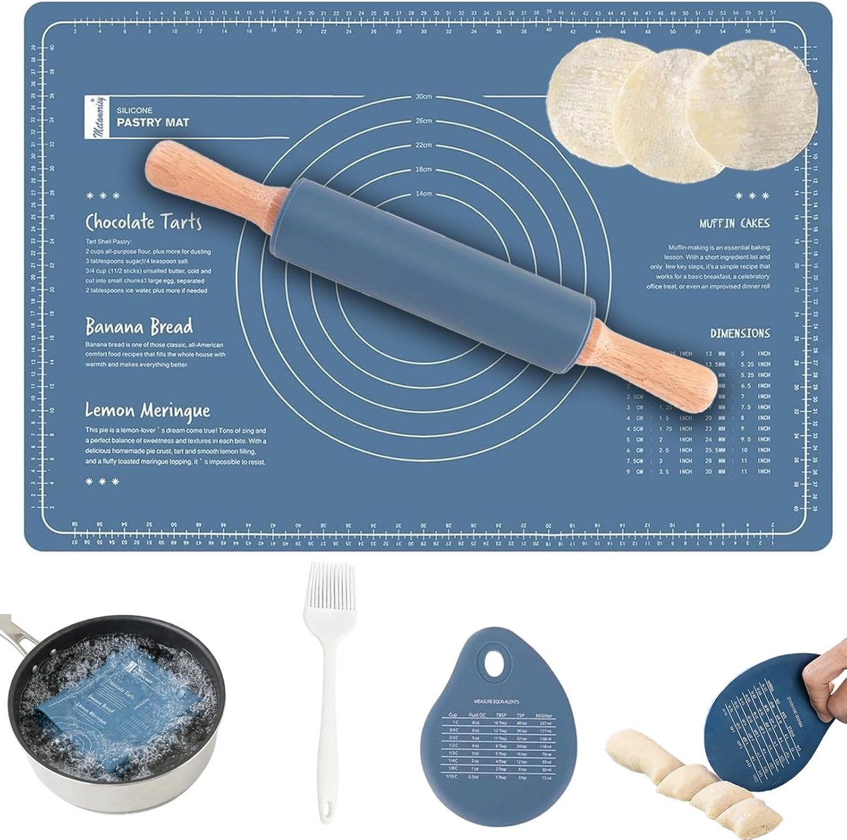 Deegroller siliconen deegroller met houten handvat, 60 x 40 cm, blauwe uitrolmat, siliconen bakmat + deegkaart + kwast, extra dikke antislip bakonderlegger voor fondant, gebak, pizza, BPA-vrij