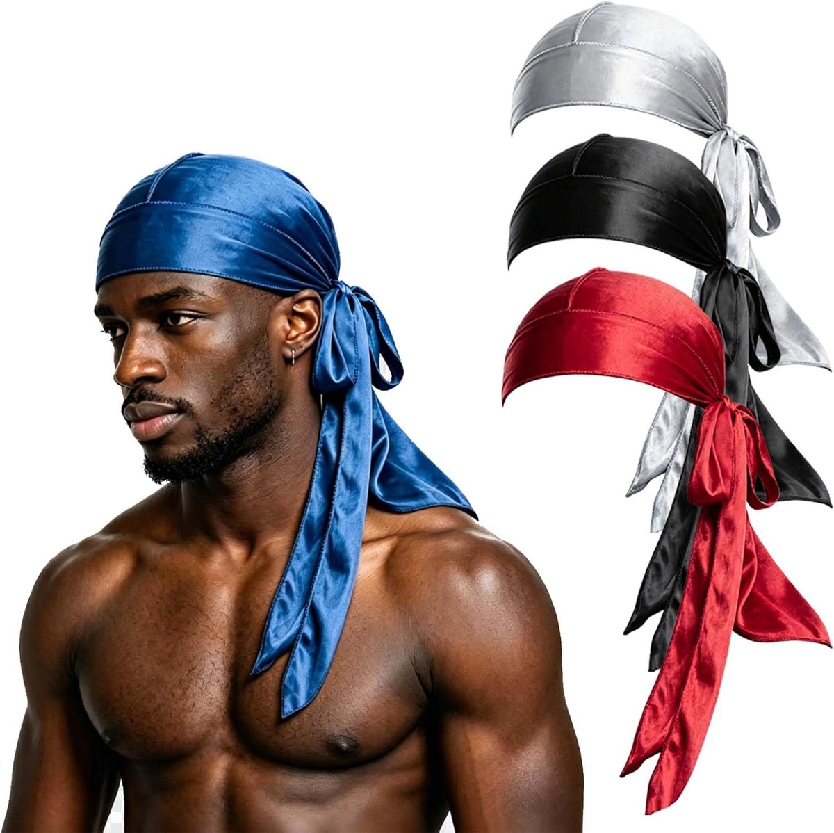 4 stuks zijden Durag Caps, Satijn Durags lange staart brede bandjes hoofd wrap golven voor mannen en vrouwen piraat caps hoofd wrap zijdeachtig Durag Cap